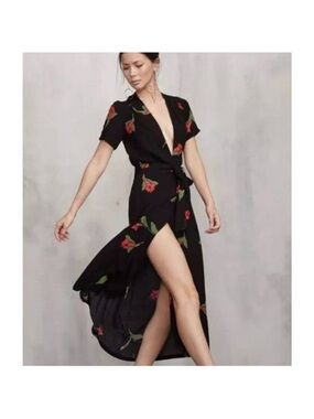 Reformation Black Maxi Wrap Dress with Red Floral Print